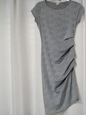 Cato Black & White Geometric Midi Dress with Side Ruching